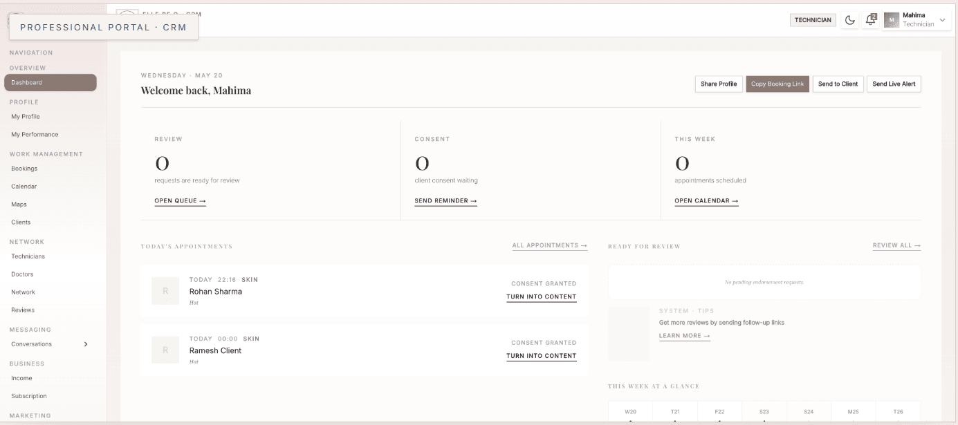 Elle.Be.O professional home dashboard in the app